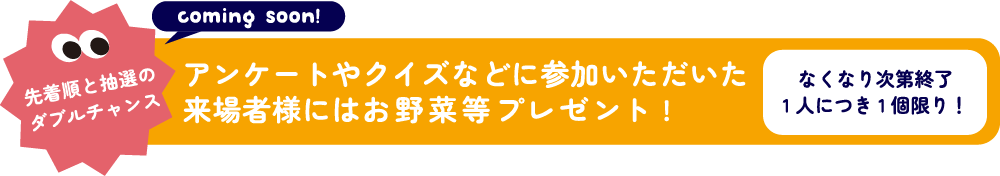先着順と抽選のダブルチャンス！アンケートやクイズなどに参加いただいた来場者様にはお野菜等プレゼント!（なくなり次第終了。1人につき1個限り！）