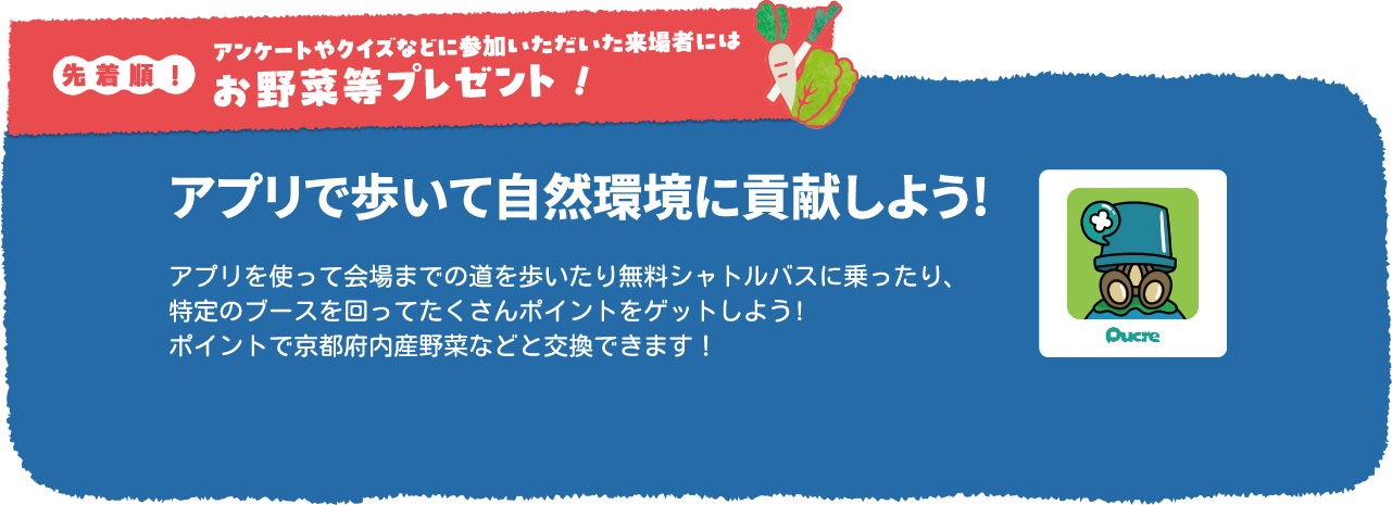 アプリで歩いて自然環境に貢献しよう!アプリを使って会場までの道を歩いたり無料シャトルバスに乗ったり、特定のブースを回ってたくさんポイントをゲットしよう!ポイントで京都府内産野菜などと交換できます！